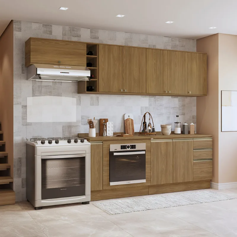 Armário de Cozinha Completa 3 Gavetas 100% MDF 300cm Nogueira Celeste Kappesberg