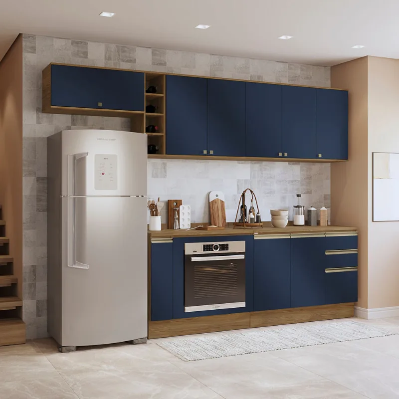 Armário de Cozinha Completa 3 Gavetas 100% MDF 300cm Nogueira/Azul Profundo Celeste Kappesberg