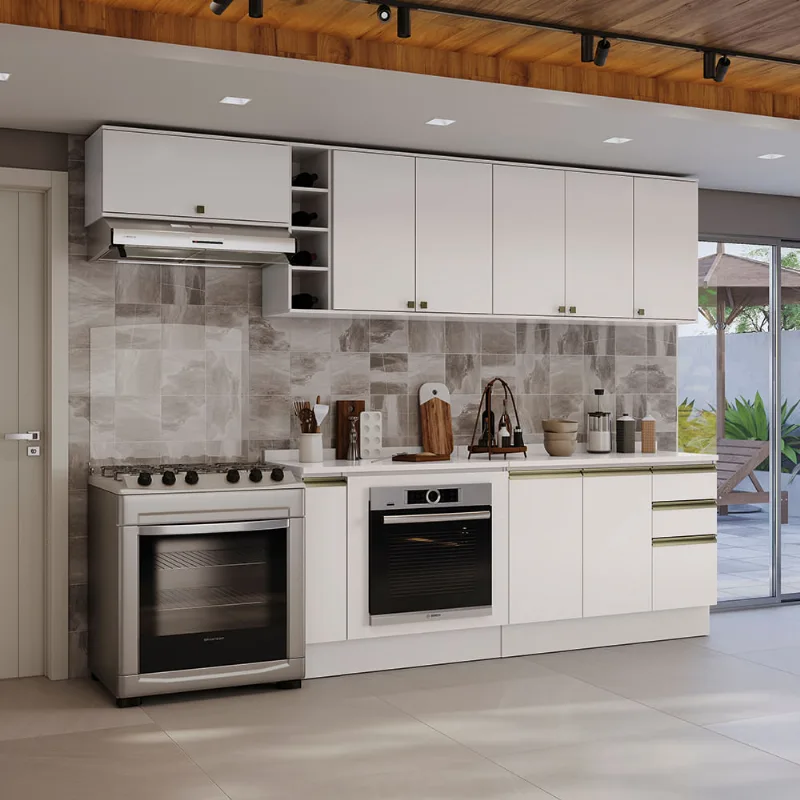 Armário de Cozinha Completa 3 Gavetas 100% MDF 300cm Branco Celeste Kappesberg
