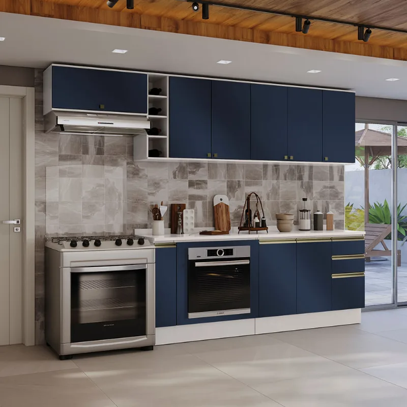 Armário de Cozinha Completa 3 Gavetas 100% MDF 300cm Branco/Azul Profundo Celeste Kappesberg