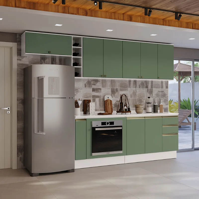 Armário de Cozinha Completa 3 Gavetas 100% MDF 300cm Branco/Verde Celeste Kappesberg