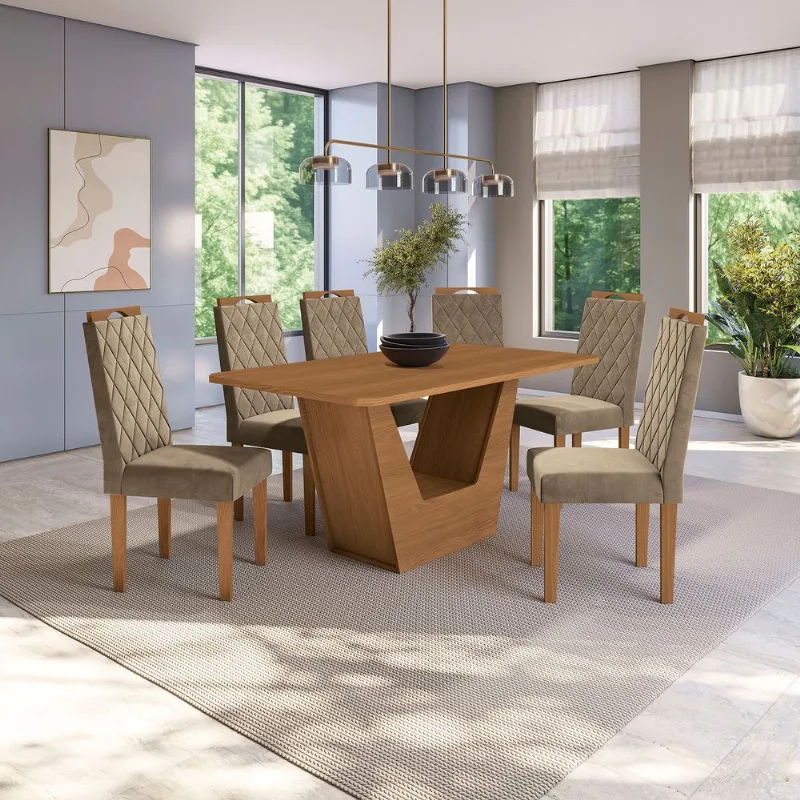 Conjunto Sala de Jantar Verbana Kappesberg 6 Cadeiras Veludo Bege