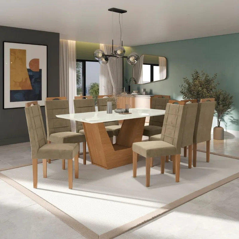 Conjunto Sala de Jantar Verbana Kappesberg 8 Cadeiras Veludo Bege