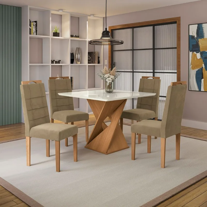 Conjunto Sala de Jantar Luna Kappesberg 4 Cadeiras Veludo Bege