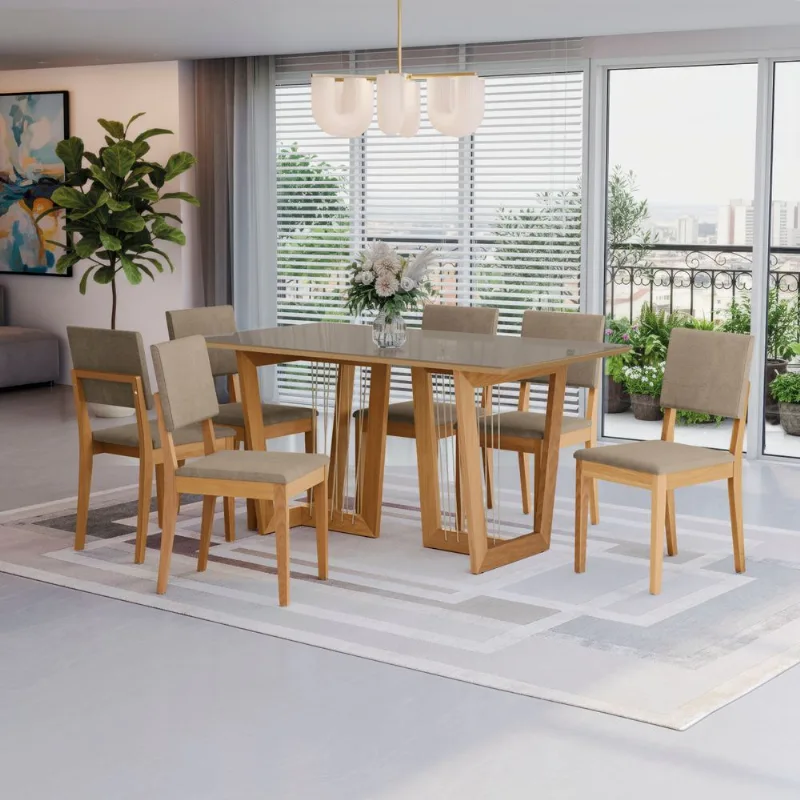 Conjunto Sala de Jantar Clara Kappesberg em Madeira Maciça com 6 Cadeiras Linho Fendi