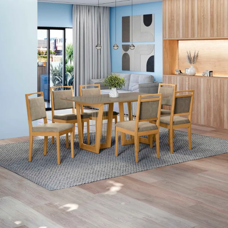 Conjunto Sala de Jantar Clara Kappesberg em Madeira Maciça com 6 Cadeiras Linho Fendi