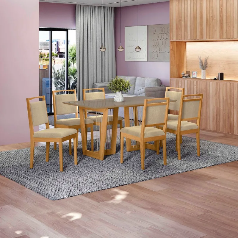 Conjunto Sala de Jantar Clara Kappesberg em Madeira Maciça com 6 Cadeiras Boucle Bege