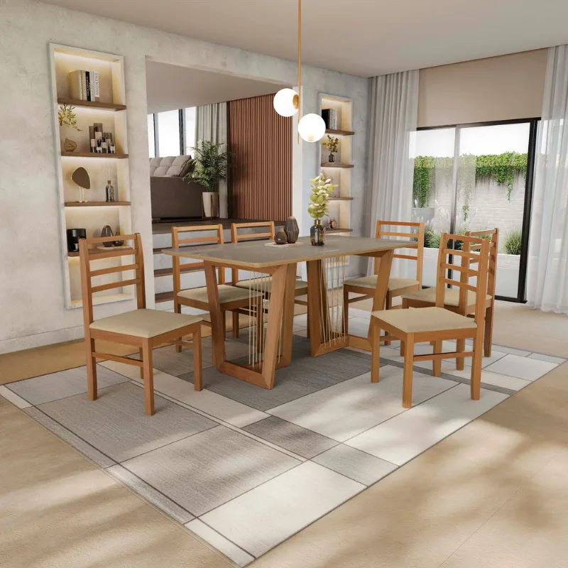 Conjunto Sala de Jantar Clara Kappesberg em Madeira Maciça com 6 Cadeiras Boucle Bege