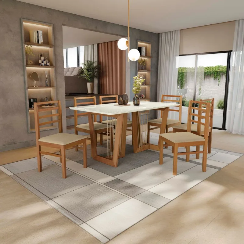 Conjunto Sala de Jantar Clara Kappesberg em Madeira Maciça com 6 Cadeiras Boucle Bege