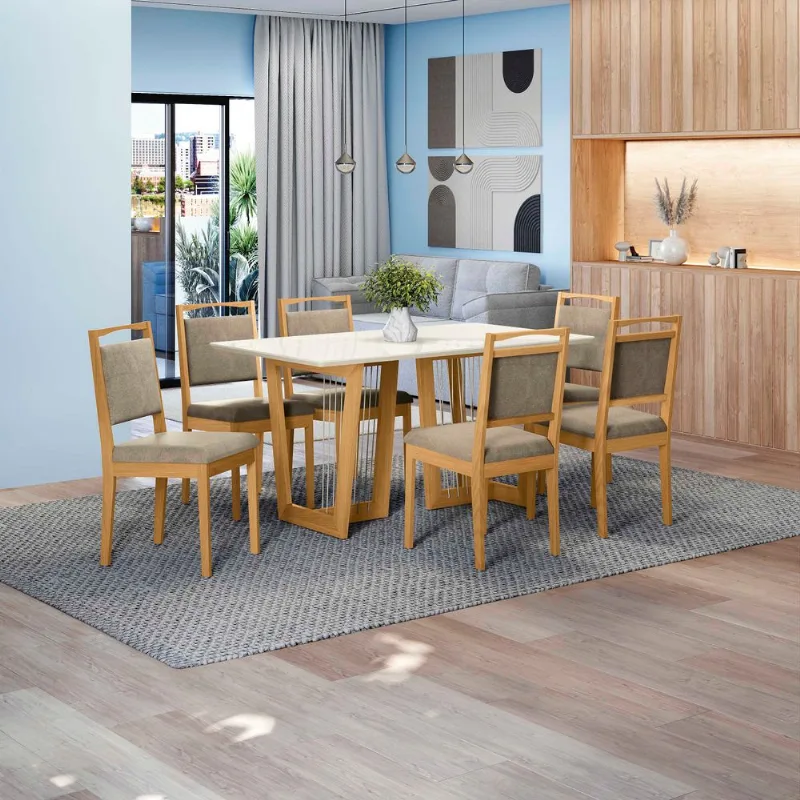 Conjunto Sala de Jantar Clara Kappesberg em Madeira Maciça com 6 Cadeiras Linho Fendi