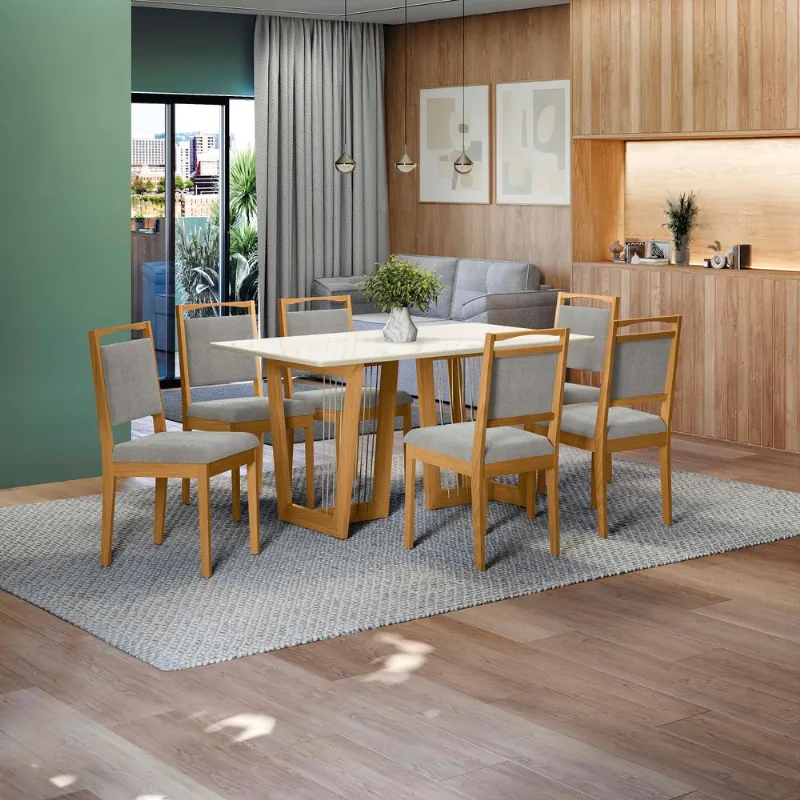 Conjunto Sala de Jantar Clara Kappesberg em Madeira Maciça com 6 Cadeiras Boucle Cinza