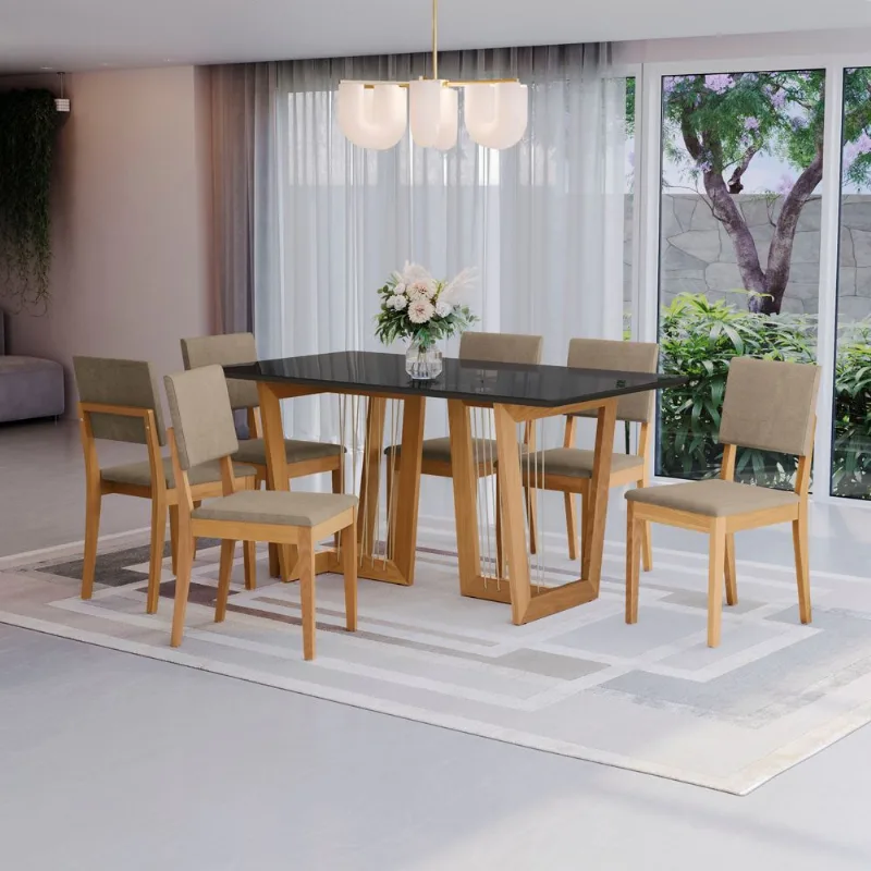 Conjunto Sala de Jantar Clara Kappesberg em Madeira Maciça com 6 Cadeiras Linho Fendi