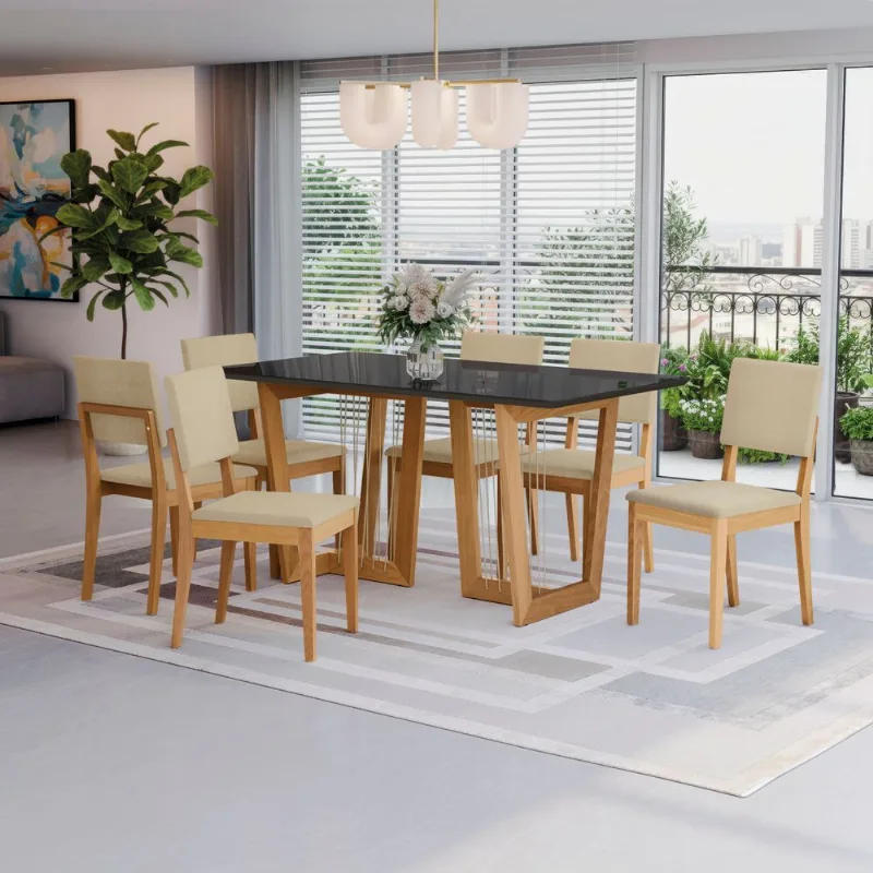 Conjunto Sala de Jantar Clara Kappesberg em Madeira Maciça com 6 Cadeiras Boucle Bege