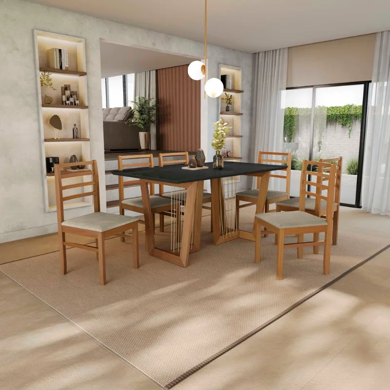 Conjunto Sala de Jantar Clara Kappesberg em Madeira Maciça com 6 Cadeiras Linho Fendi