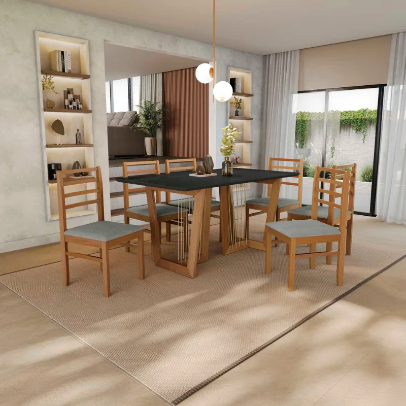 Conjunto Sala de Jantar Clara Kappesberg em Madeira Maciça com 6 Cadeiras Boucle Cinza