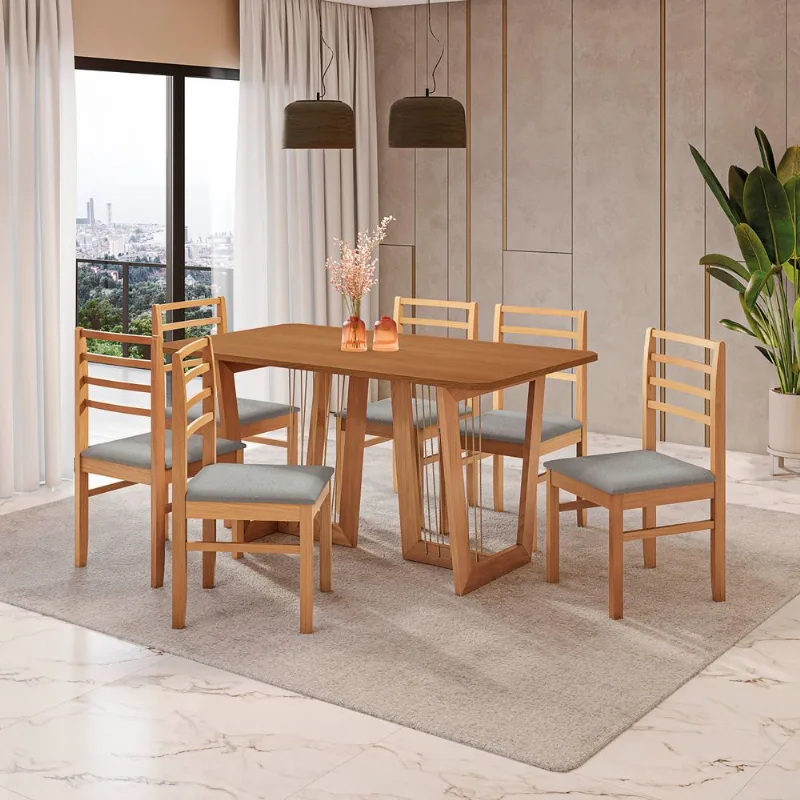 Conjunto Sala de Jantar Clara Kappesberg em Madeira Maciça com 6 Cadeiras Boucle Cinza