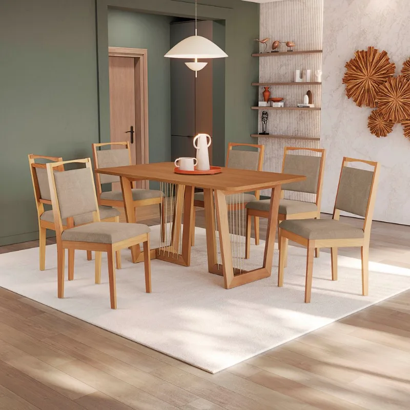 Conjunto Sala de Jantar Clara Kappesberg em Madeira Maciça com 6 Cadeiras Linho Fendi