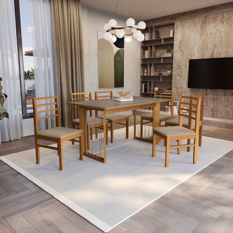 Conjunto Sala de Jantar Eva Kappesberg em Madeira Maciça com 6 Cadeiras Linho Fendi