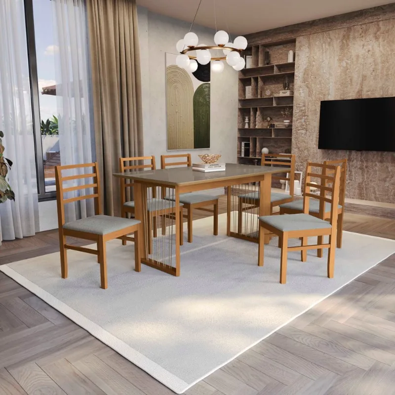 Conjunto Sala de Jantar Eva Kappesberg em Madeira Maciça com 6 Cadeiras Boucle Cinza