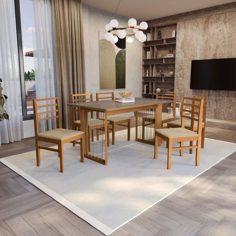 Conjunto Sala de Jantar Eva Kappesberg em Madeira Maciça com 6 Cadeiras Boucle Bege