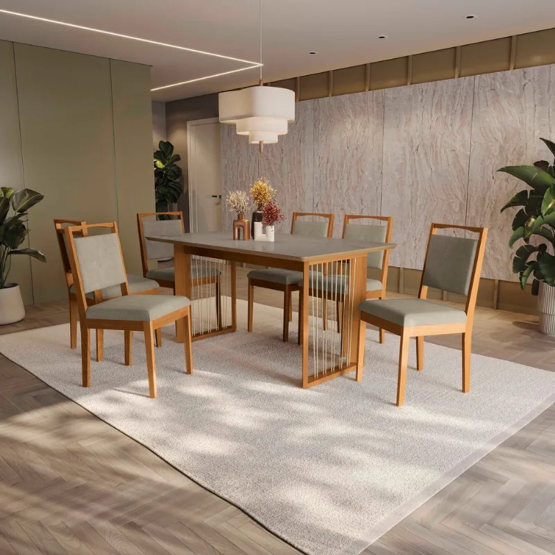 Conjunto Sala de Jantar Eva Kappesberg em Madeira Maciça com 6 Cadeiras Linho Fendi
