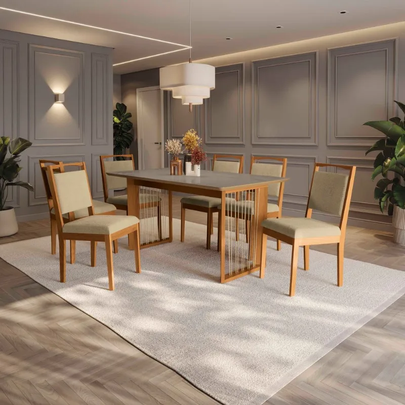 Conjunto Sala de Jantar Eva Kappesberg em Madeira Maciça com 6 Cadeiras Boucle Bege