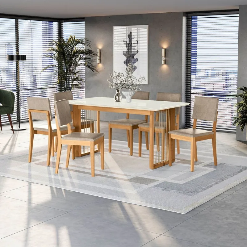 Conjunto Sala de Jantar Eva Kappesberg em Madeira Maciça com 6 Cadeiras Linho Fendi