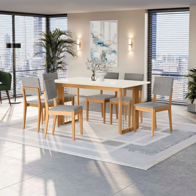 Conjunto Sala de Jantar Eva Kappesberg em Madeira Maciça com 6 Cadeiras Boucle Cinza