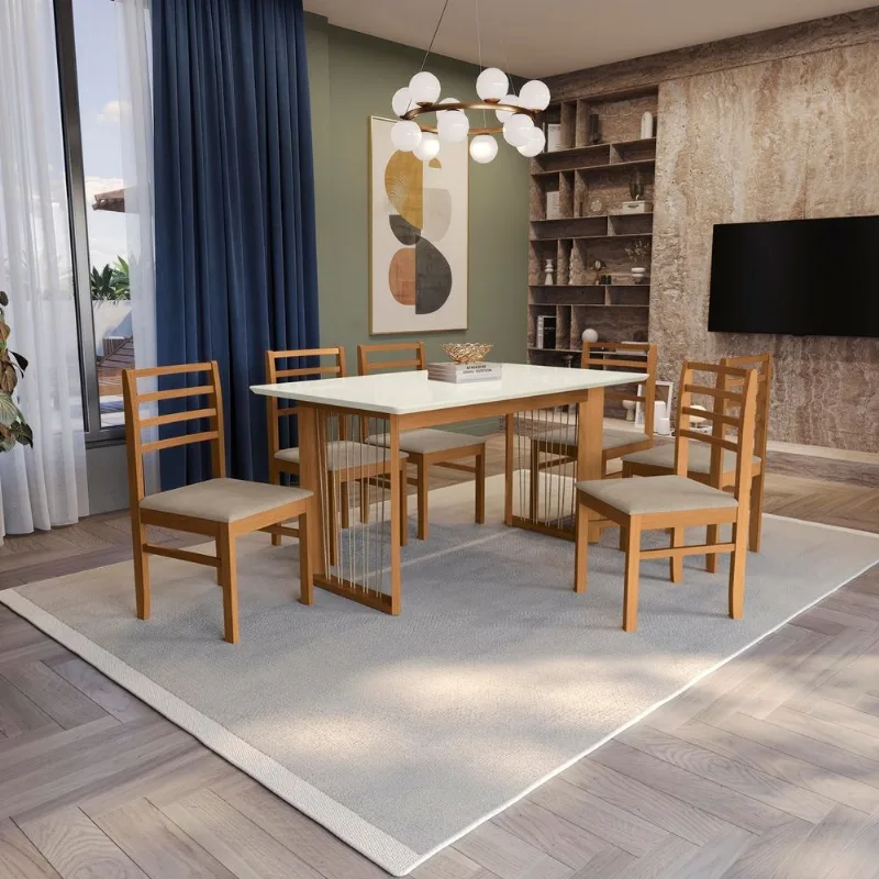 Conjunto Sala de Jantar Eva Kappesberg em Madeira Maciça com 6 Cadeiras Linho Fendi