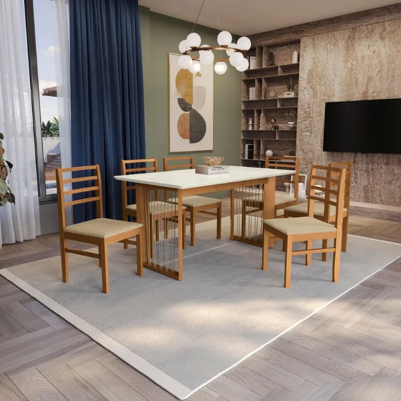 Conjunto Sala de Jantar Eva Kappesberg em Madeira Maciça com 6 Cadeiras Boucle Bege