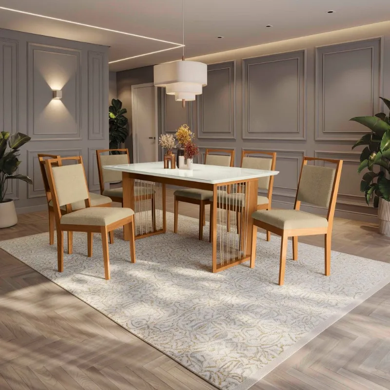 Conjunto Sala de Jantar Eva Kappesberg em Madeira Maciça com 6 Cadeiras Boucle Bege