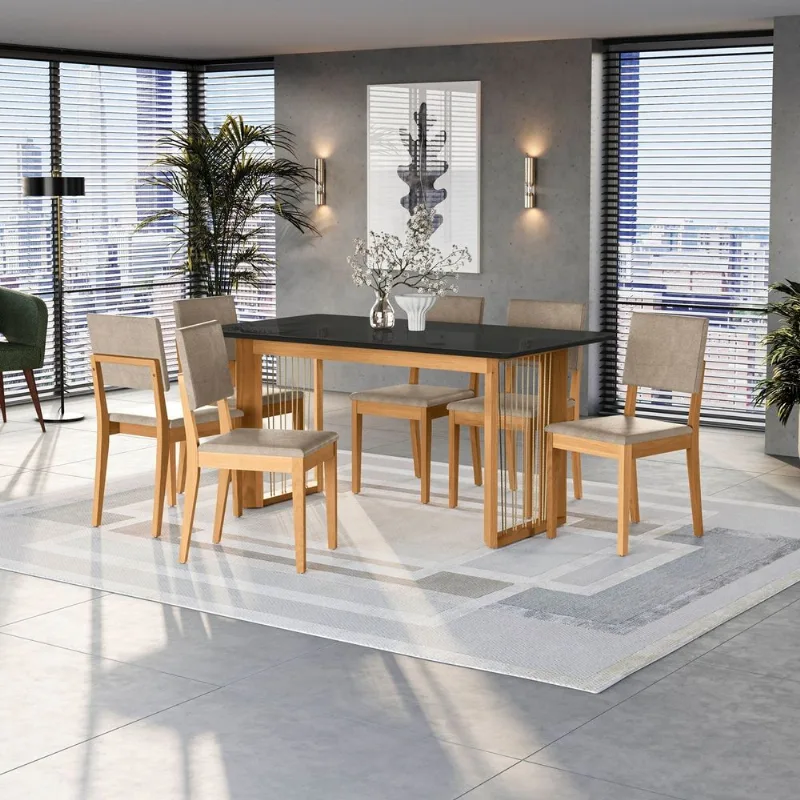 Conjunto Sala de Jantar Eva Kappesberg em Madeira Maciça com 6 Cadeiras Linho Fendi