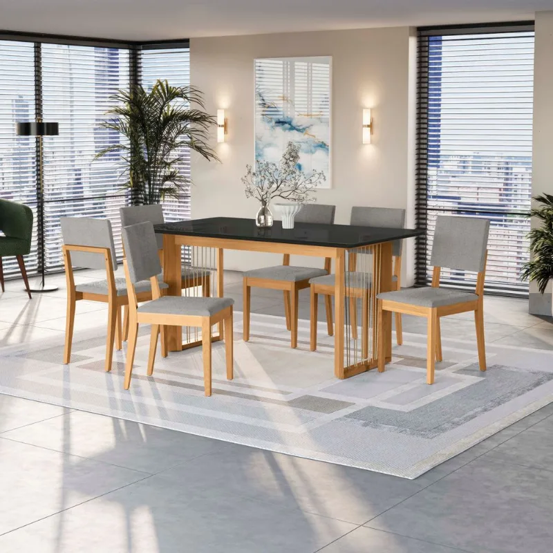 Conjunto Sala de Jantar Eva Kappesberg em Madeira Maciça com 6 Cadeiras Boucle Cinza