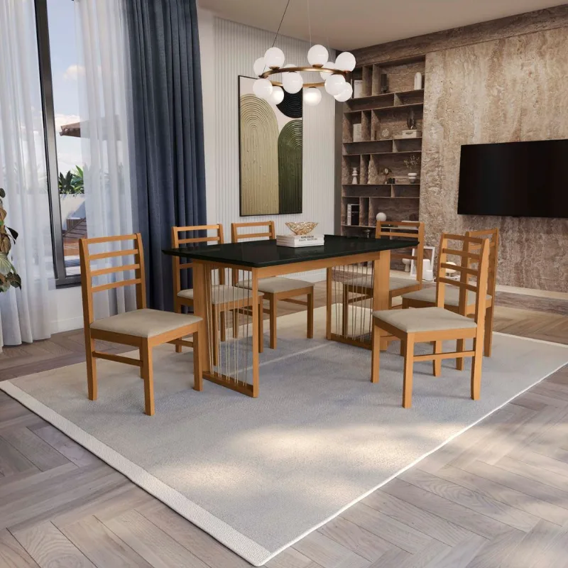 Conjunto Sala de Jantar Eva Kappesberg em Madeira Maciça com 6 Cadeiras Linho Fendi