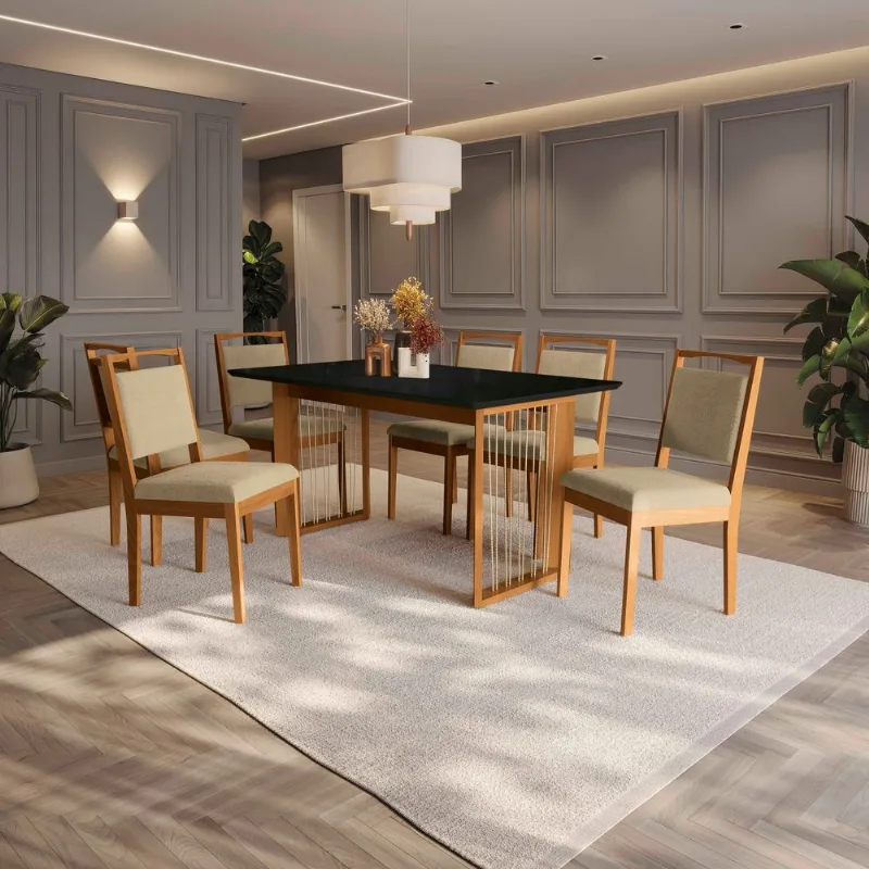 Conjunto Sala de Jantar Eva Kappesberg em Madeira Maciça com 6 Cadeiras Boucle Bege