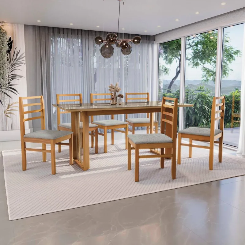 Conjunto Sala de Jantar Elisa em Madeira Maciça 6 Cadeiras Boucle Cinza