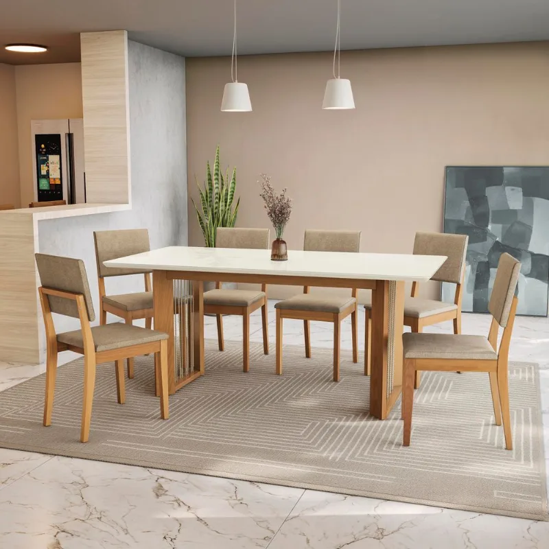 Conjunto Sala de Jantar Eva Kappesberg em Madeira Maciça com 6 Cadeiras Linho Fendi