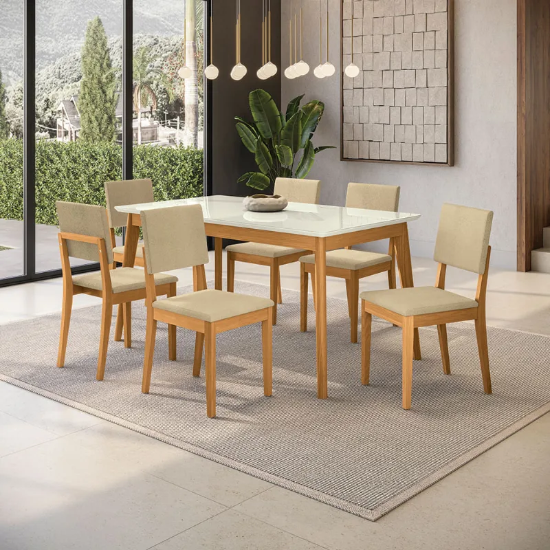 Conjunto Sala de Jantar Nara Kappesberg em Madeira Maciça com 6 Cadeiras Boucle Bege
