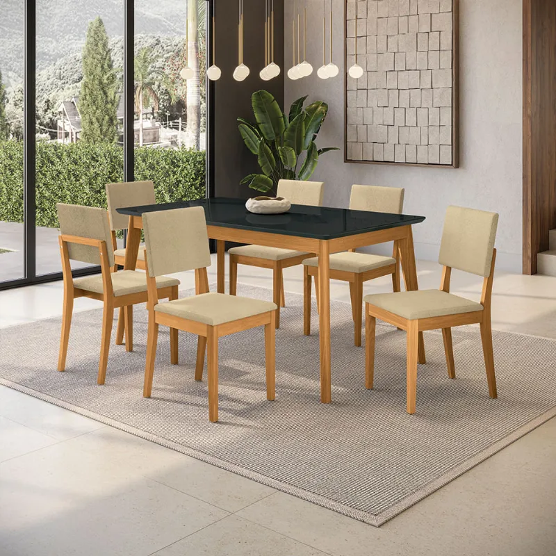 Conjunto Sala de Jantar Nara Kappesberg em Madeira Maciça com 6 Cadeiras Boucle Bege