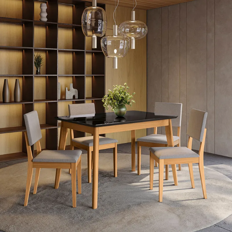Conjunto Sala de Jantar Nara Kappesberg em Madeira Maciça com 4 Cadeiras Linho Gelo
