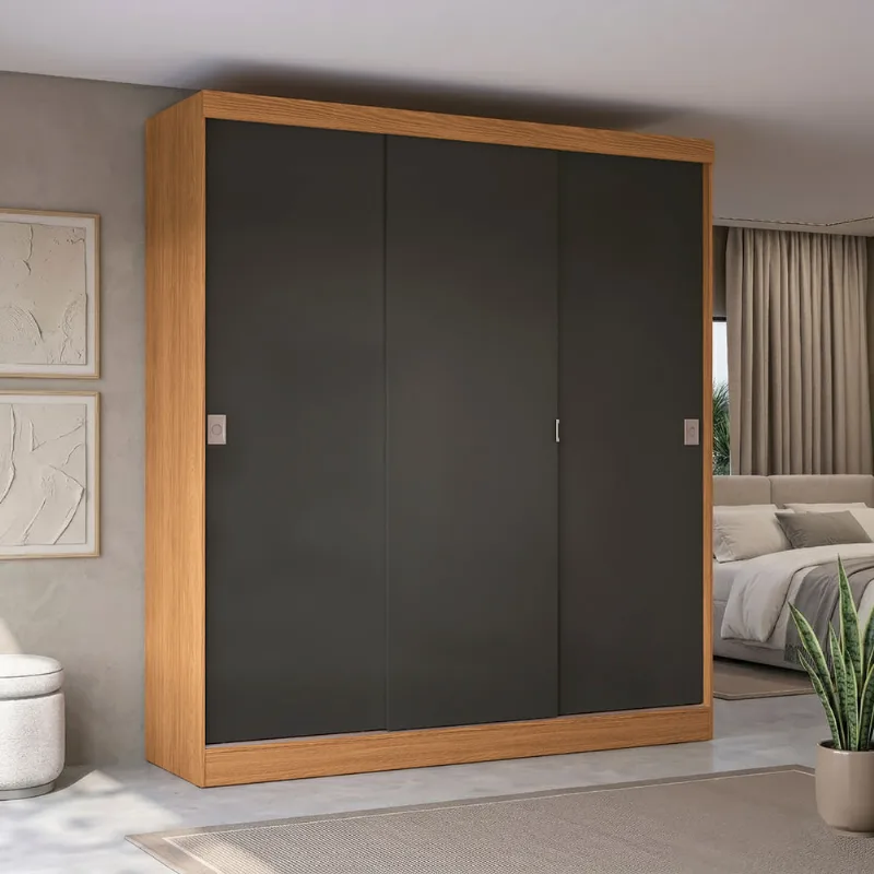 Guarda-Roupa 3 Portas de Correr Kappesberg Canela/Preto Fosco 180cm