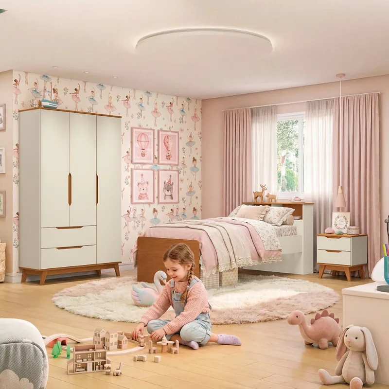 Quarto Infantil com Mesa de Cabeceira 3 Peças Crescer Kappesberg Argila/Jequetiba