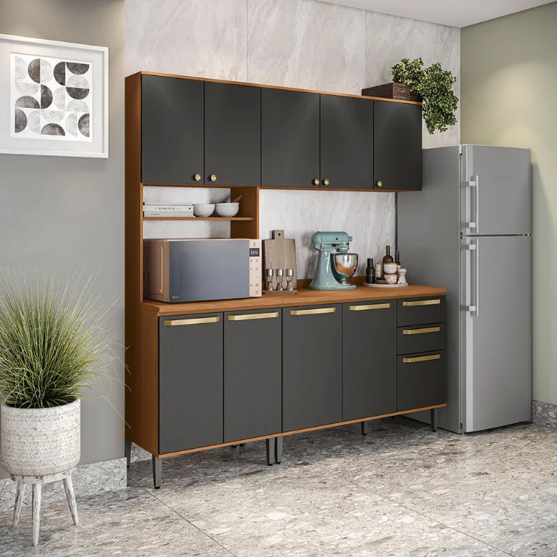 Armário de Cozinha Compacta Kit Forno 190cm Canela/Preto Grid Elara Kappesberg