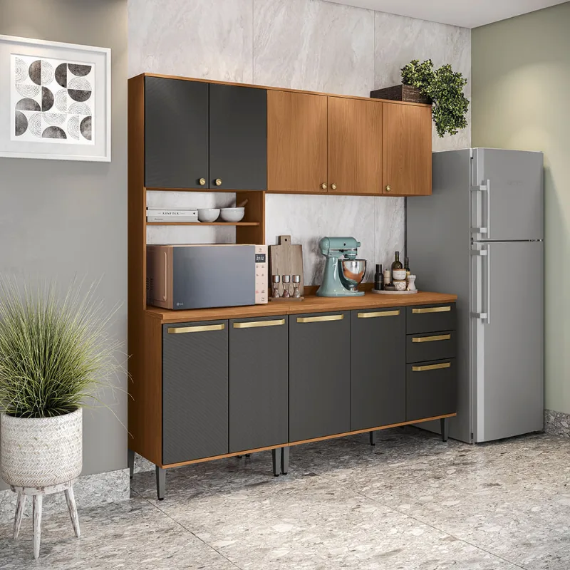 Armário de Cozinha Compacta Kit Forno 190cm Canela/Preto Elara Kappesberg