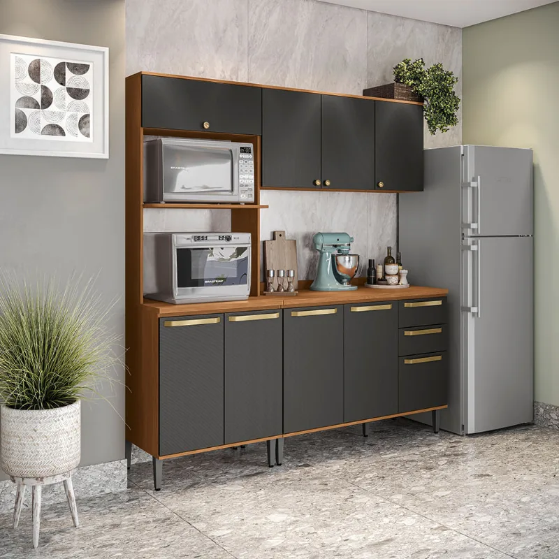 Armário de Cozinha Compacta Kit 2 Fornos 190cm Canela/Preto Grid Elara Kappesberg