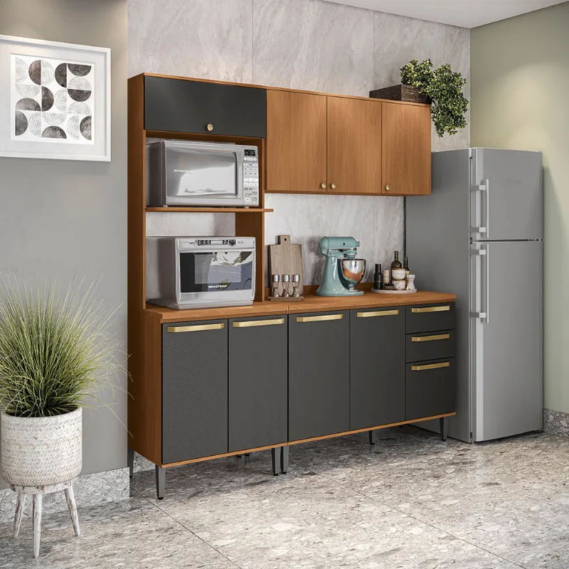 Armário de Cozinha Compacta Kit 2 Fornos 190cm Canela/Preto Elara Kappesberg