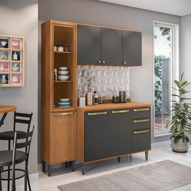 Armário de Cozinha Compacta com Cristaleira 160cm Canela/Preto Elara Kappesberg - Kappesberg