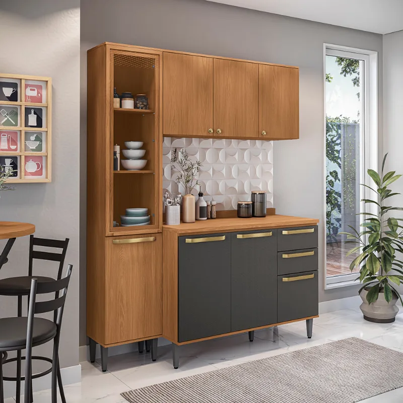 Armário de Cozinha Compacta com Cristaleira 160cm Canela/Preto Grid Elara Kappesberg
