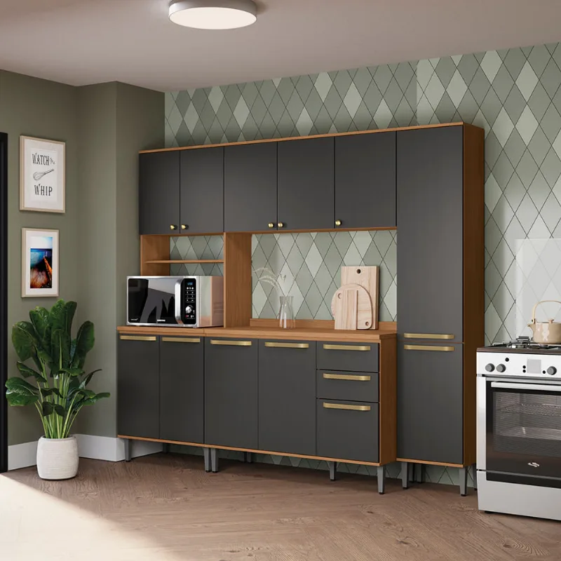 Armário de Cozinha Completa Kit Forno 230cm Canela/Preto Grid Elara Kappesberg