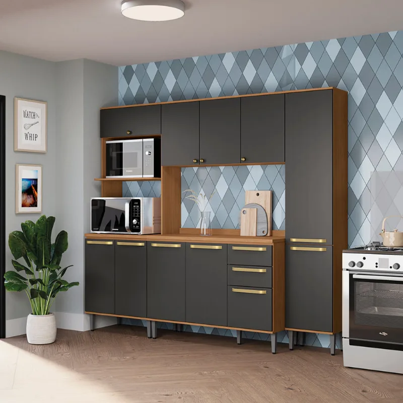 Armário de Cozinha Completa Kit 2 Fornos 230cm Canela/Preto Elara Kappesberg